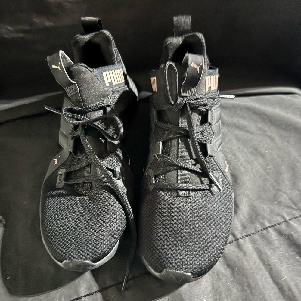 PUMA Men's Black Athletic Knit Sneakers with Subtle Gold Accents